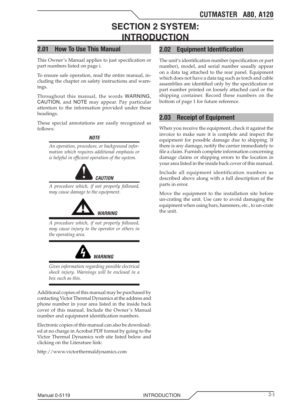 Section 2 system: introduction, 01 how to use this manual, 02 equipment identification | 03 receipt of equipment, Section 2 system, Introduction -1, How to use this manual -1, Equipment identification -1, Receipt of equipment -1 | Tweco A80-A120 CutMaster User Manual | Page 15 / 104