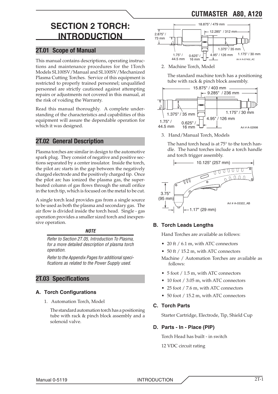 Section 2 torch: introduction, 2t.01 scope of manual, 2t.02 general description | 2t.03 specifications, 06 power supply features, Power supply features -5, Section 2 torch, Introduction t-1 | Tweco A80-A120 CutMaster User Manual | Page 19 / 104