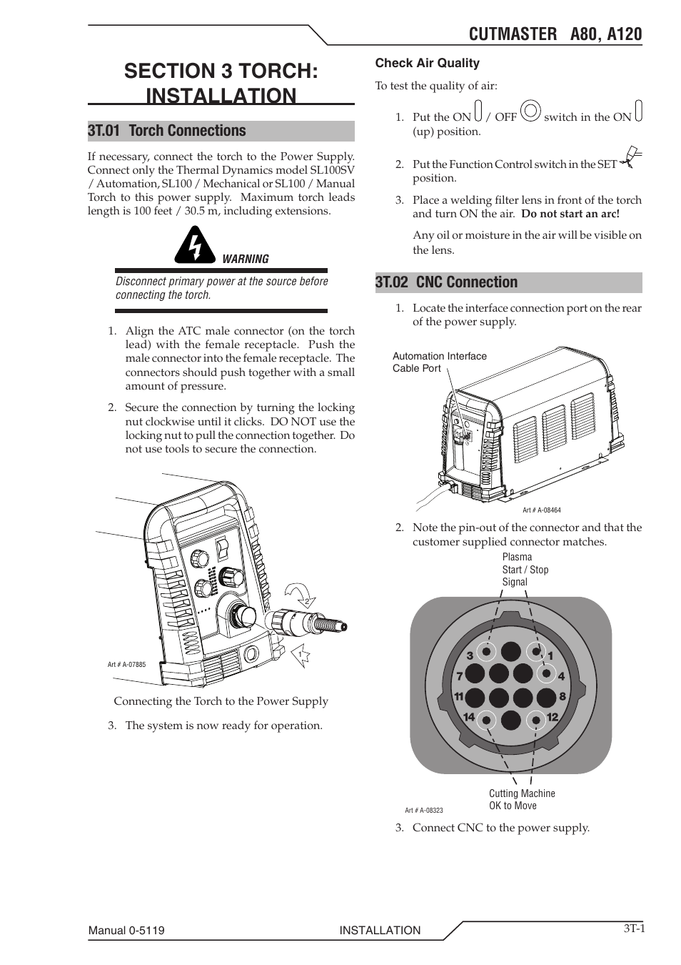 Section 3 torch: installation, 3t.01 torch connections, 3t.02 cnc connection | Section 3 torch, Installation t-1 | Tweco A80-A120 CutMaster User Manual | Page 27 / 104