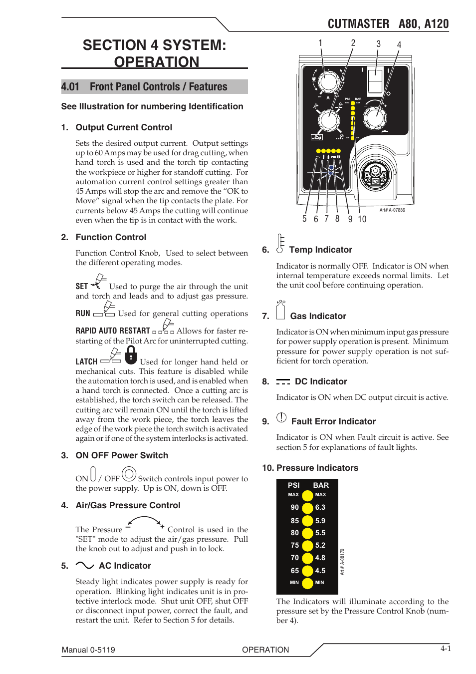 Section 4 system: operation, 01 front panel controls / features, Section 4 system | Operation -1, Front panel controls / features -1 | Tweco A80-A120 CutMaster User Manual | Page 29 / 104