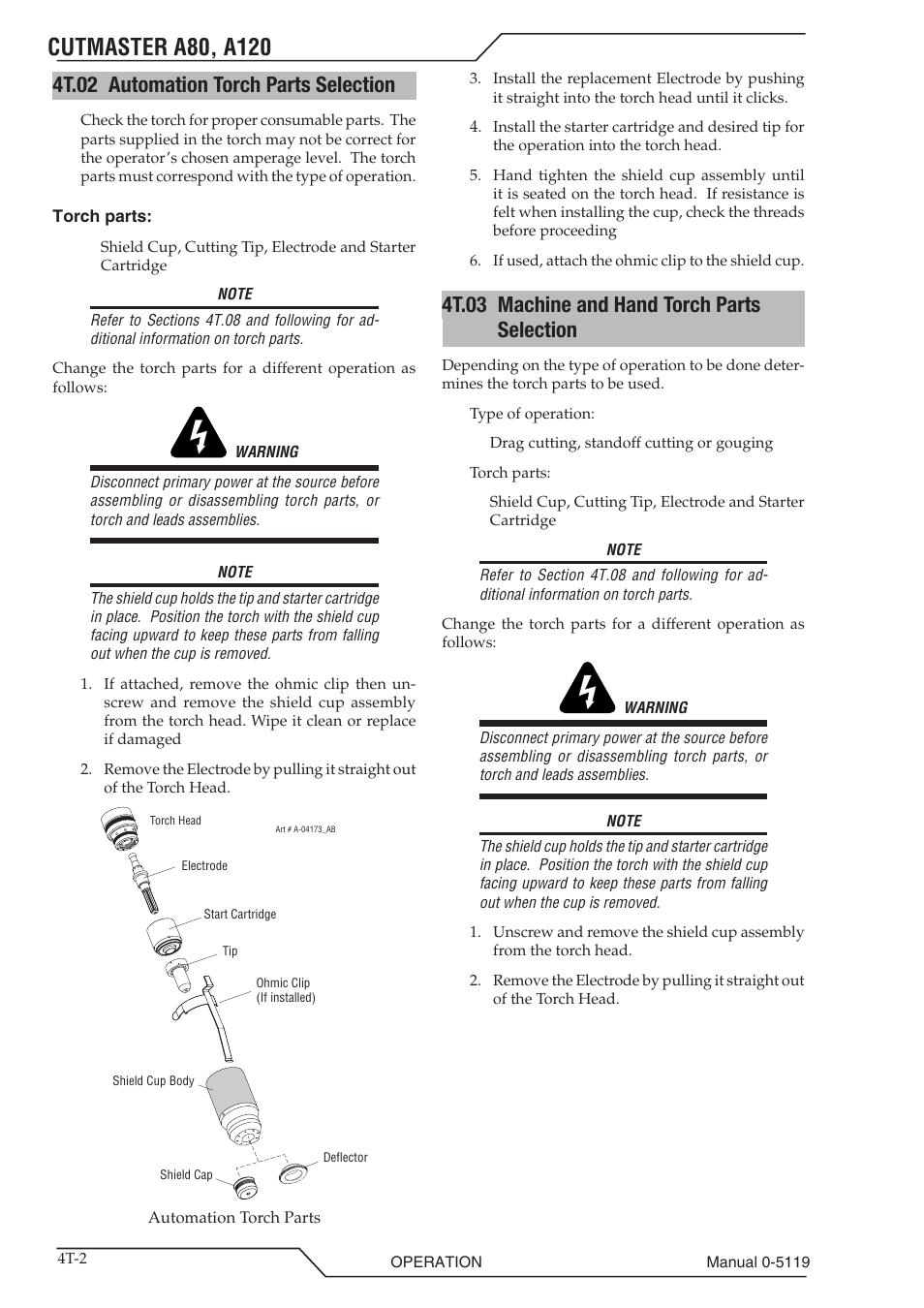 4t.02 automation torch parts selection, 4t.03 machine and hand torch parts selection | Tweco A80-A120 CutMaster User Manual | Page 34 / 104