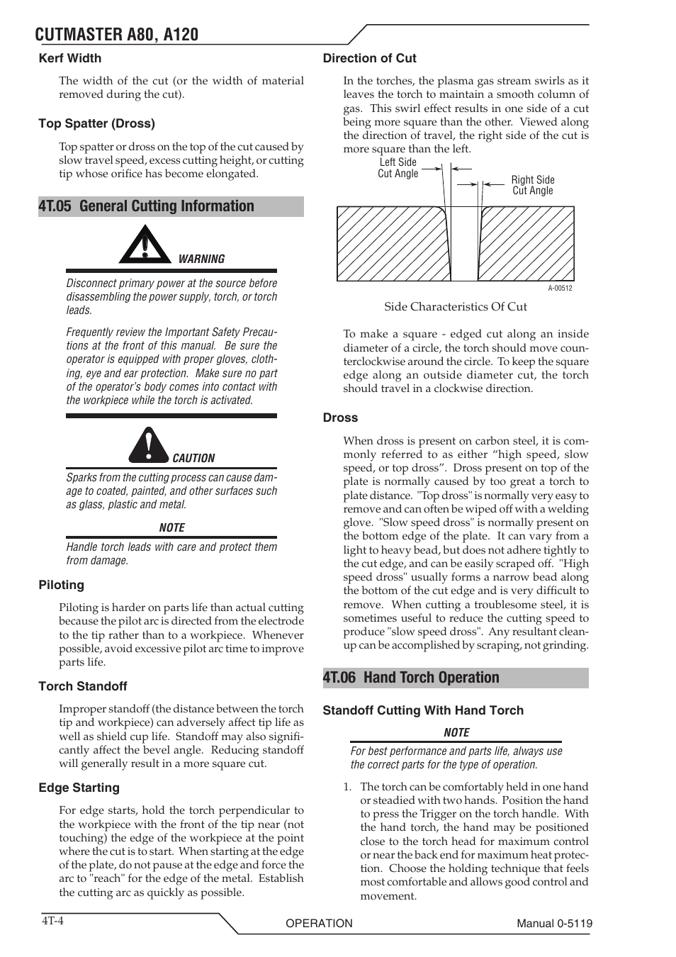 4t.05 general cutting information, 4t.06 hand torch operation | Tweco A80-A120 CutMaster User Manual | Page 36 / 104