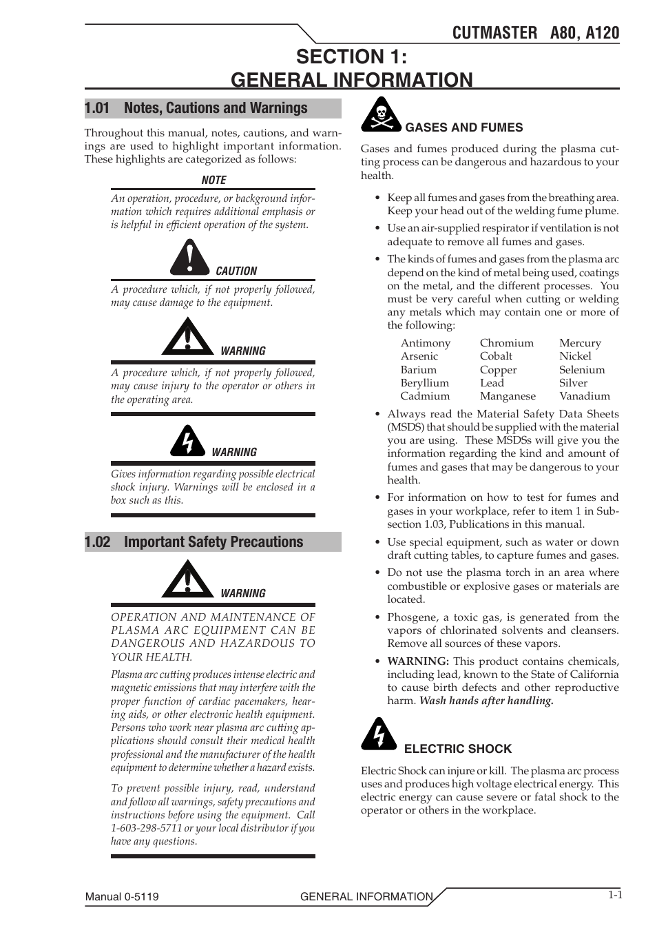 Section 1: general information, 01 notes, cautions and warnings, 02 important safety precautions | Section 1, General information -1, Notes, cautions and warnings -1, Important safety precautions -1 | Tweco A80-A120 CutMaster User Manual | Page 7 / 104