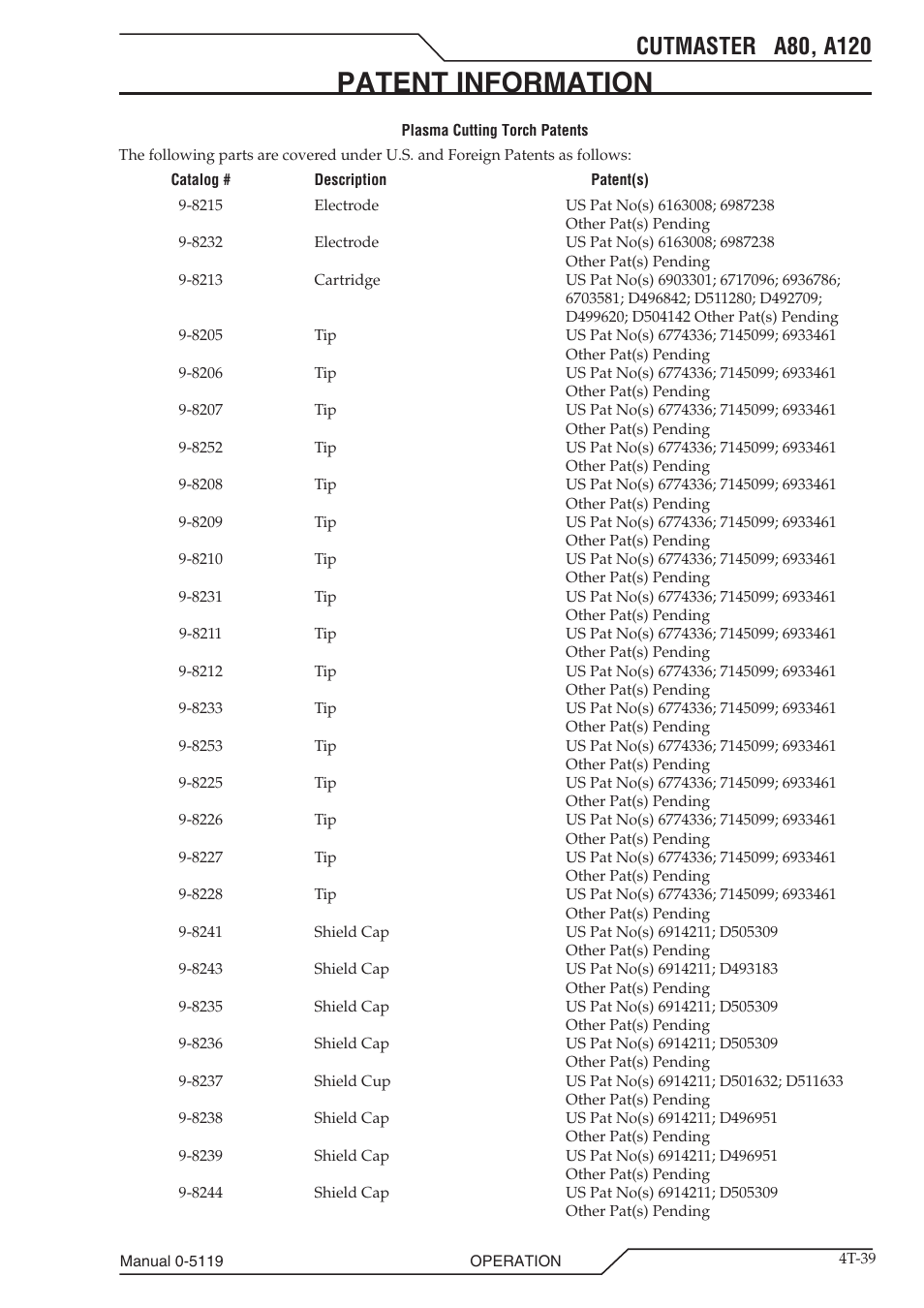 Patent information, Patent information t-39 | Tweco A80-A120 CutMaster User Manual | Page 71 / 104