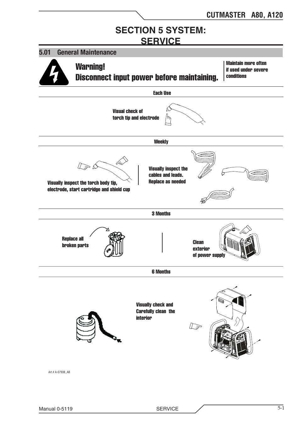 Section 5 system: service, 01 general maintenance, Section 5 system | Service -1, General maintenance -1, Warning! disconnect input power before maintaining | Tweco A80-A120 CutMaster User Manual | Page 73 / 104