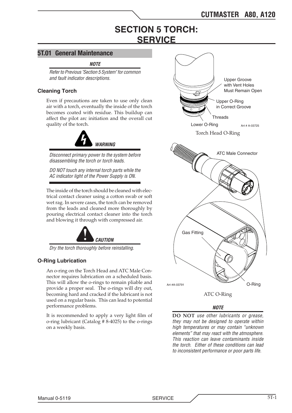 Section 5 torch: service, 5t.01 general maintenance, Section 5 torch | Service t-1, 5t.01 general maintenance t-1 | Tweco A80-A120 CutMaster User Manual | Page 81 / 104