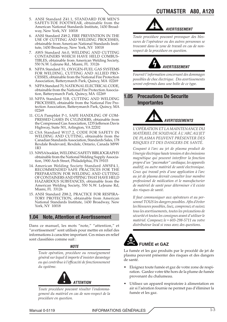 04 note, attention et avertissement, 05 precautions de securite importantes, Note, attention et avertissement -3 | Precautions de securite importantes -3 | Tweco A80-A120 CutMaster User Manual | Page 9 / 104