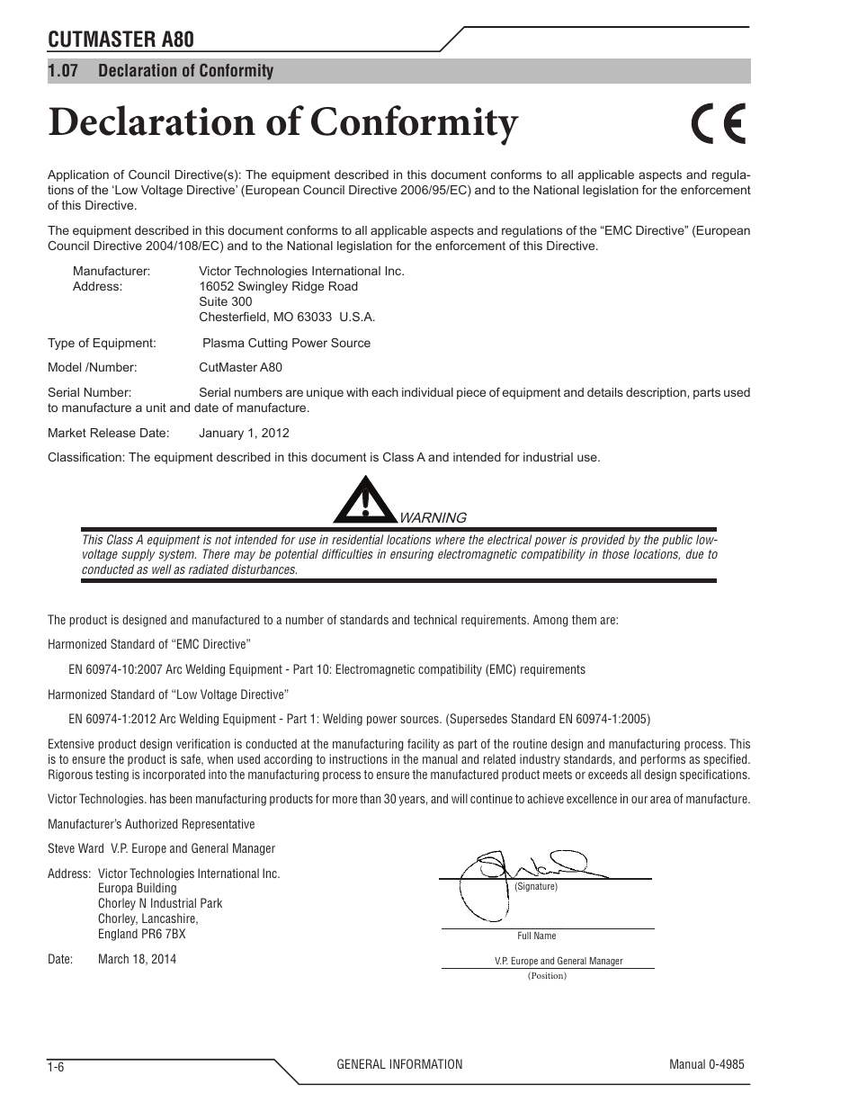 Declaration of conformity, Cutmaster a80 | Tweco A80 CutMaster User Manual | Page 12 / 124