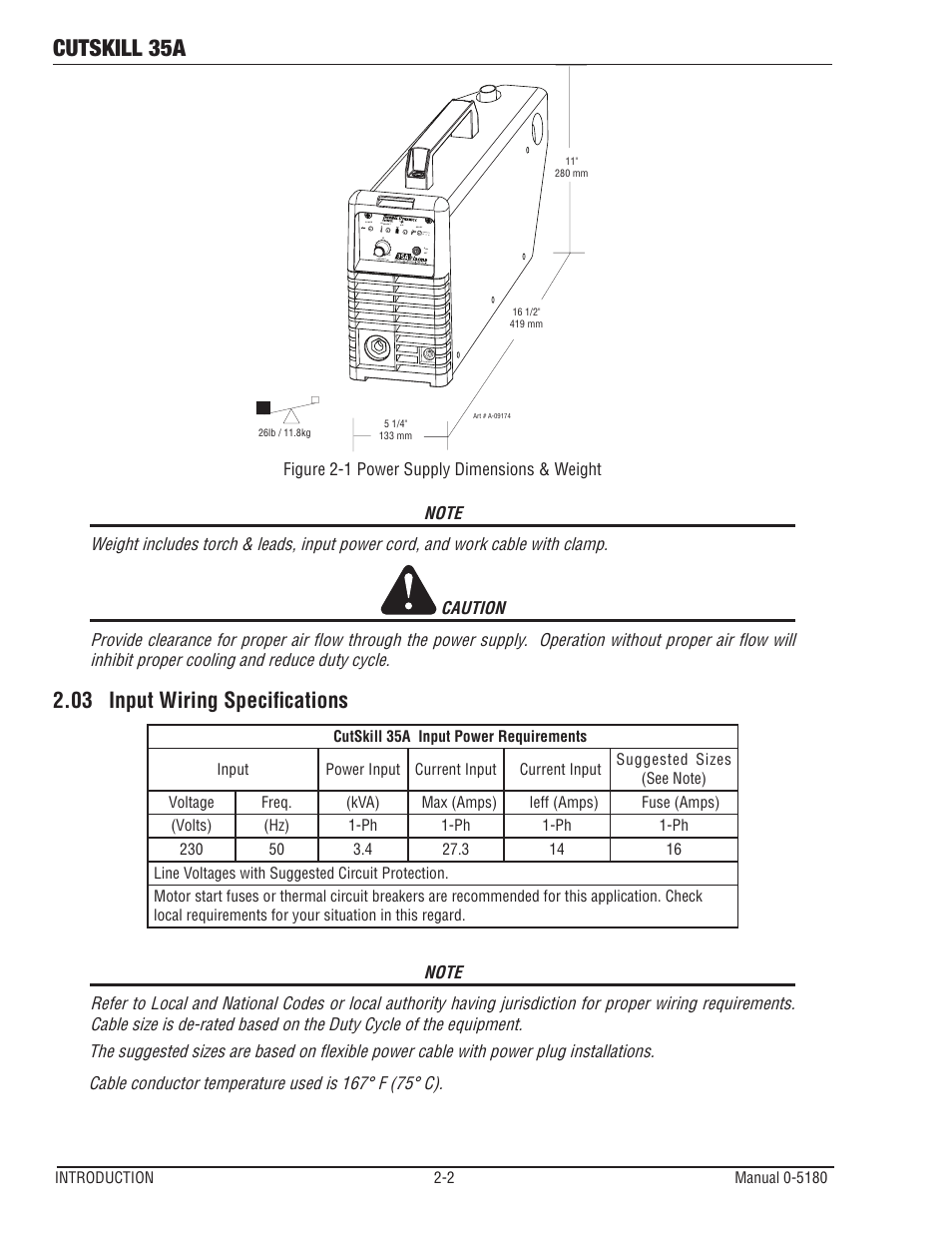 03 input wiring specifications, Cutskill 35a | Tweco 35A CutSkill Power Supply and SL40 Torch EU version User Manual | Page 12 / 40