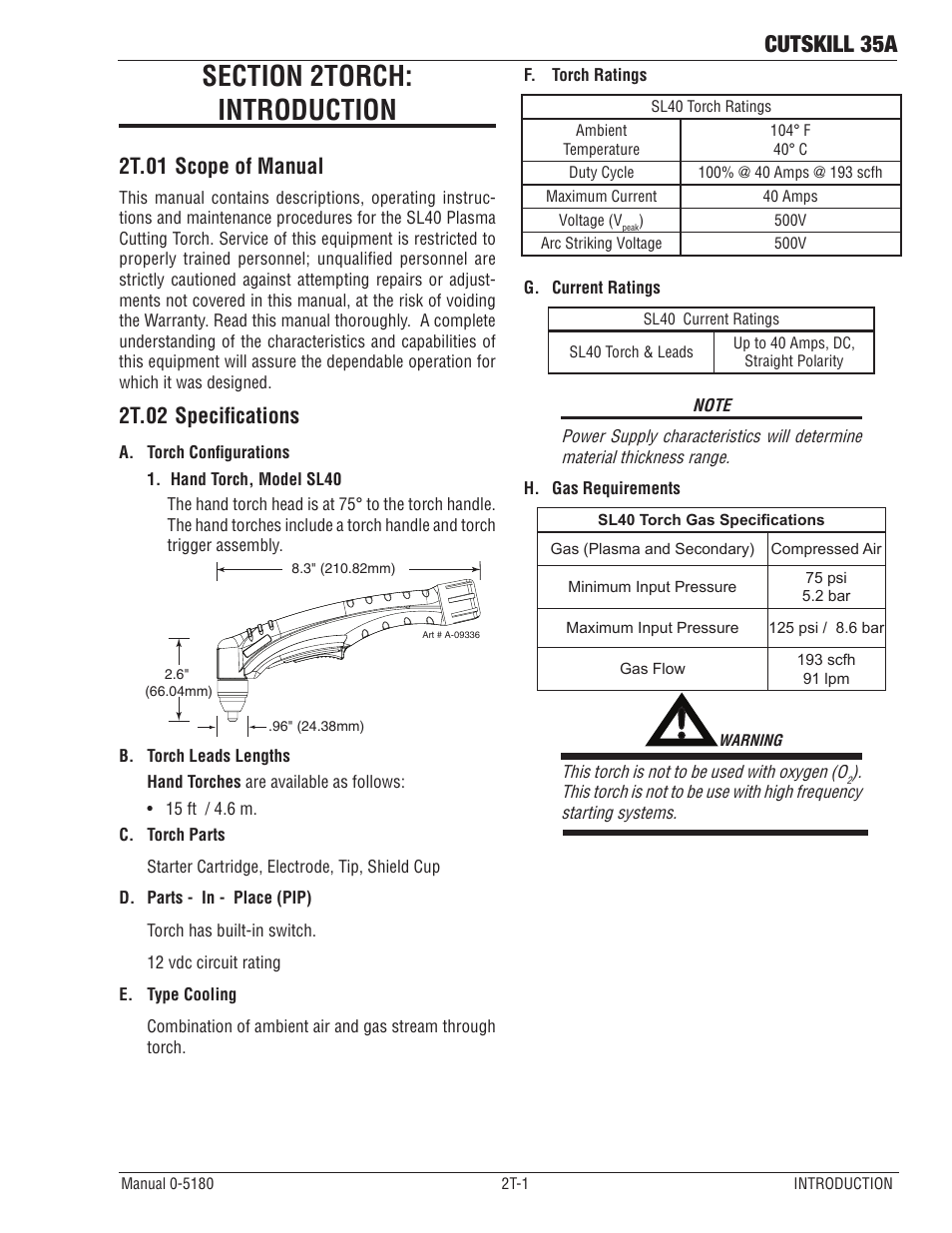 Section 2torch: introduction, 2t.01 scope of manual, 2t.02 specifications | Cutskill 35a | Tweco 35A CutSkill Power Supply and SL40 Torch EU version User Manual | Page 15 / 40