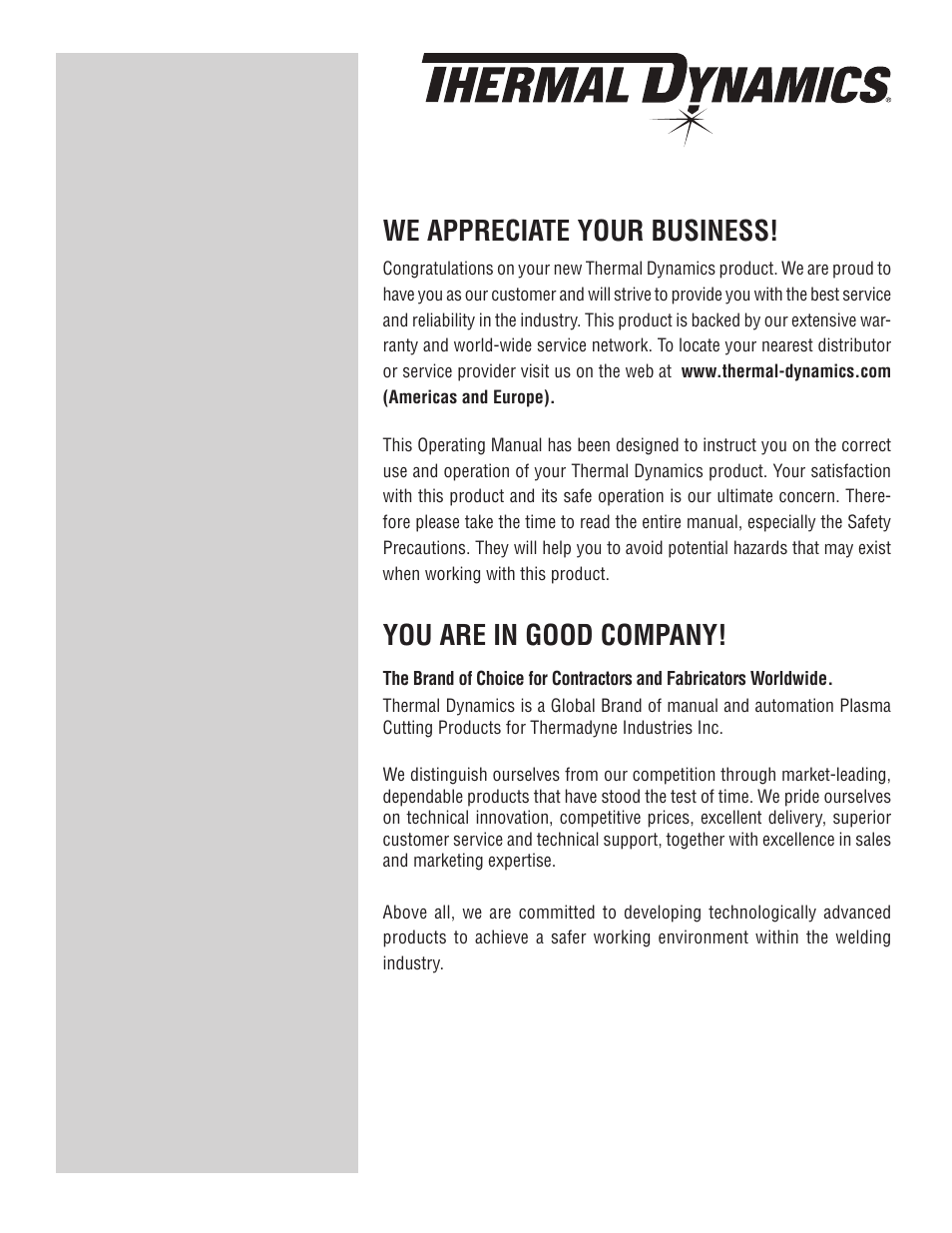 We appreciate your business, You are in good company | Tweco 35A CutSkill Power Supply and SL40 Torch EU version User Manual | Page 2 / 40