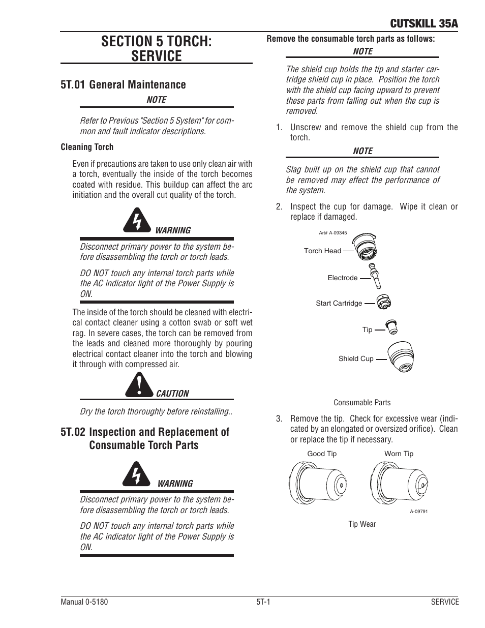 Section 5 torch: service, 5t.01 general maintenance, Cutskill 35a | Tweco 35A CutSkill Power Supply and SL40 Torch EU version User Manual | Page 33 / 40