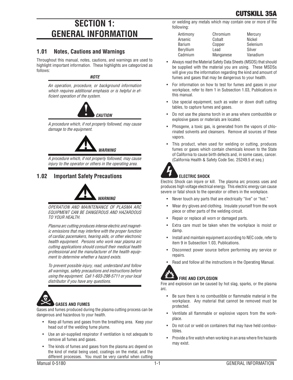 Section 1: general information, 01 notes, cautions and warnings, 02 important safety precautions | Cutskill 35a | Tweco 35A CutSkill Power Supply and SL40 Torch EU version User Manual | Page 5 / 40