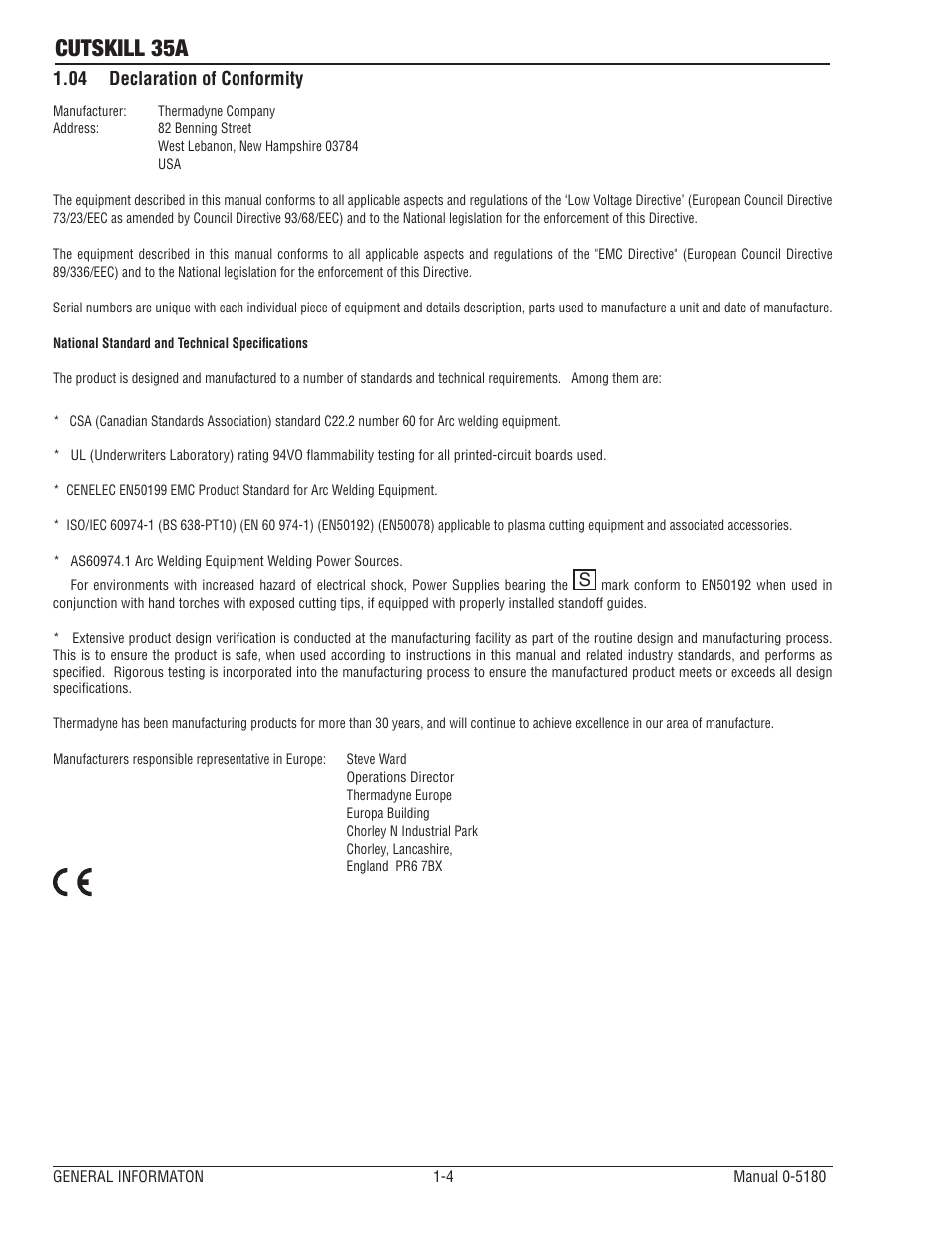 04 declaration of conformity, Cutskill 35a | Tweco 35A CutSkill Power Supply and SL40 Torch EU version User Manual | Page 8 / 40