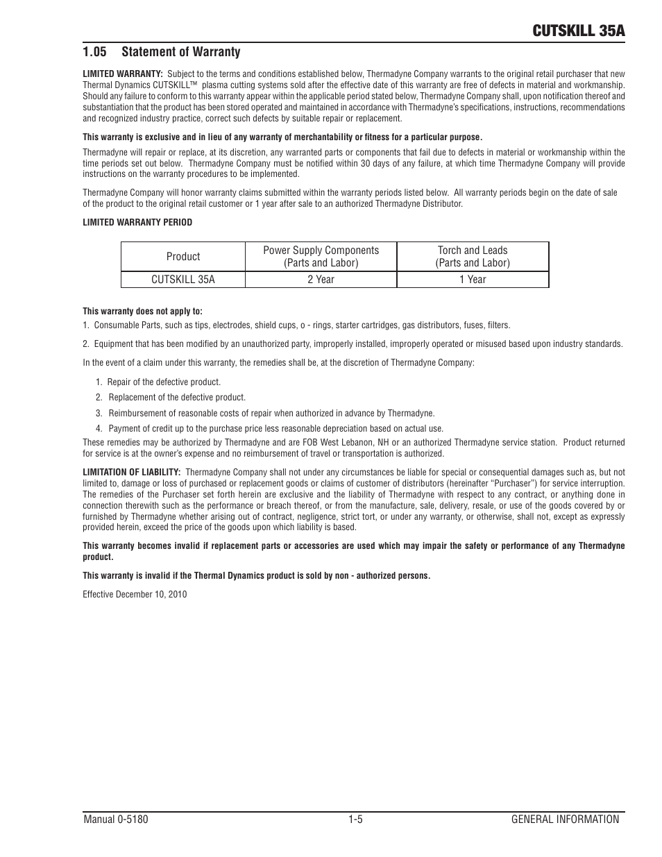 05 statement of warranty, Cutskill 35a | Tweco 35A CutSkill Power Supply and SL40 Torch EU version User Manual | Page 9 / 40