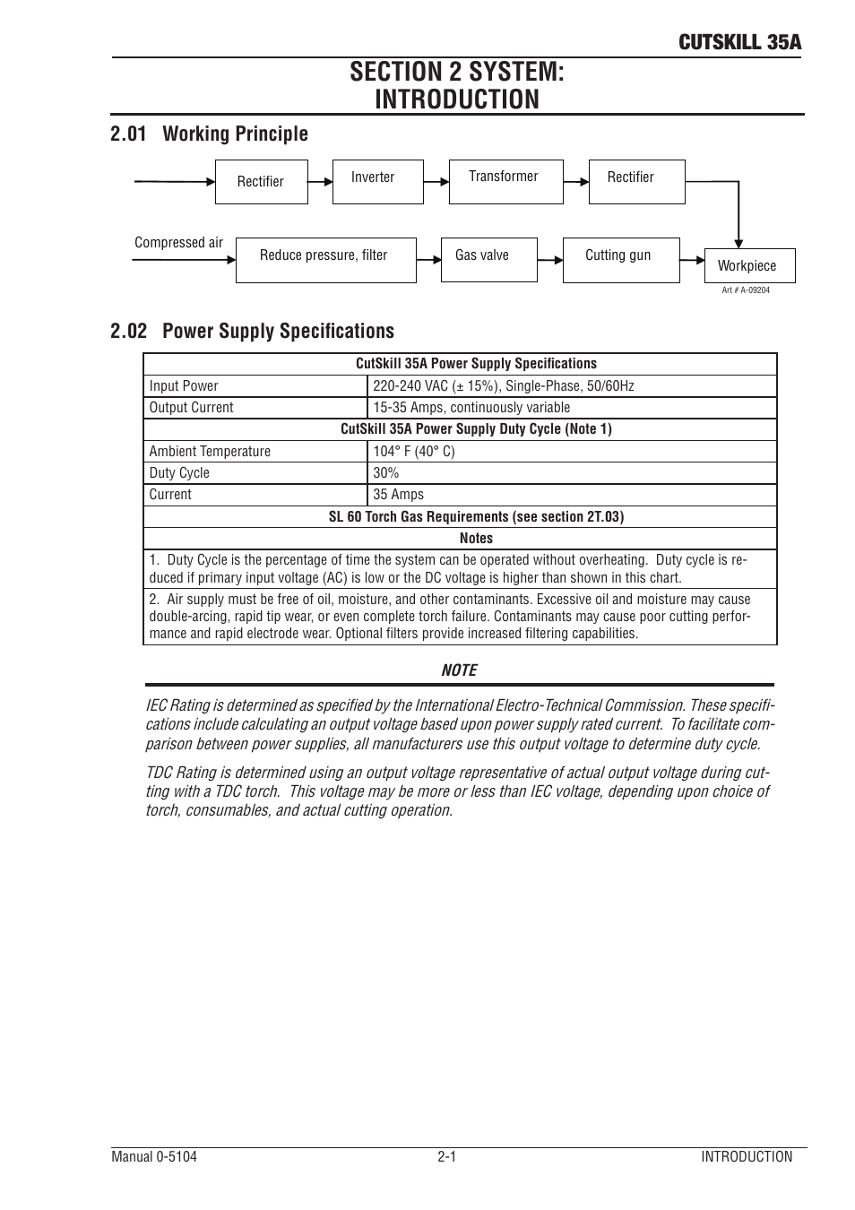 Section 2 system:introduction, 01 working principle, 02 power supply specifications | Section 2 system:introduction -1, Working principle -1, Power supply specifications -1, Cutskill 35a | Tweco 35A CutSkill User Manual | Page 11 / 38