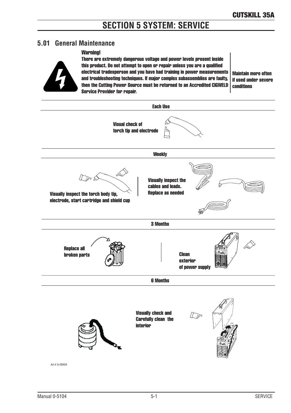 Section 5 system: service, 01 general maintenance, Section 5 system: service -1 | General maintenance -1, Cutskill 35a | Tweco 35A CutSkill User Manual | Page 27 / 38