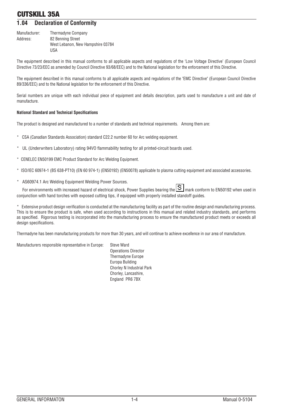 04 declaration of conformity, Declaration of conformity -4, Cutskill 35a | Tweco 35A CutSkill User Manual | Page 8 / 38