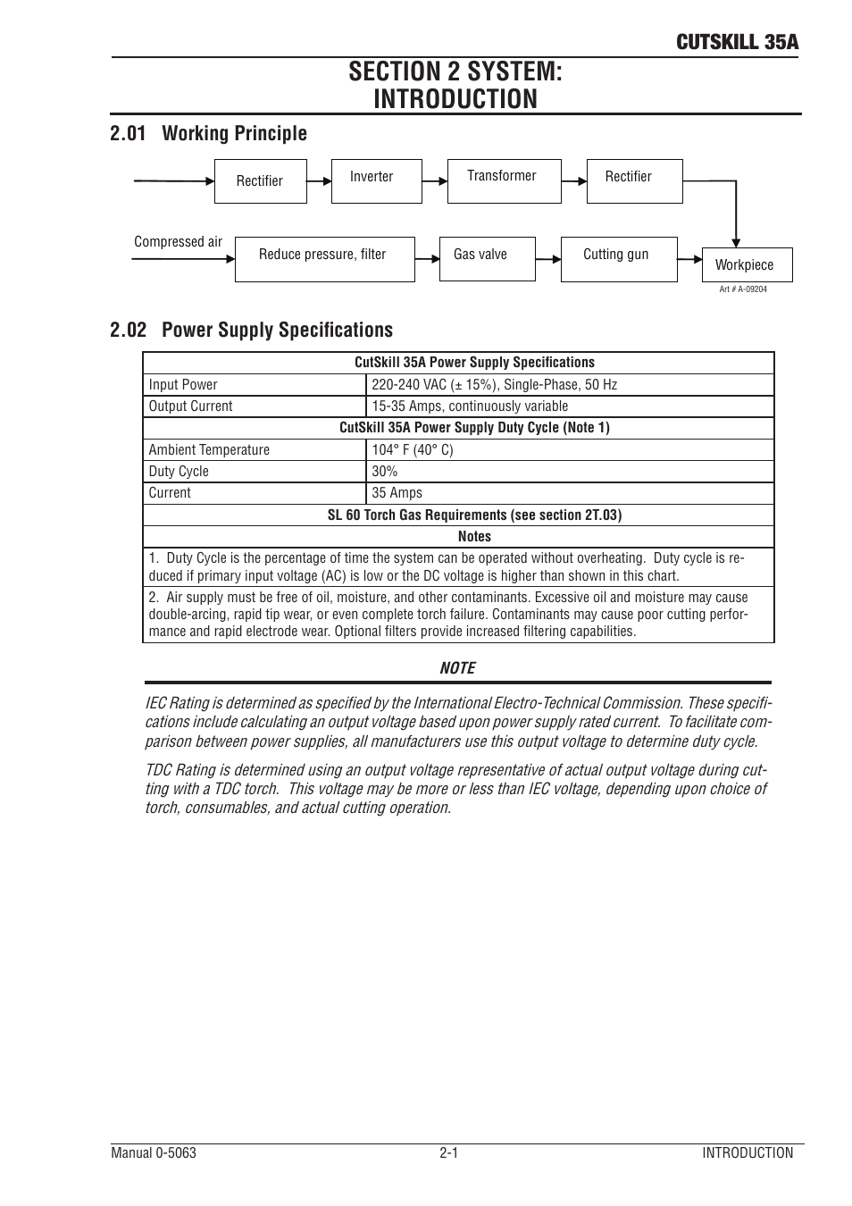 Section 2 system:introduction, 01 working principle, 02 power supply specifications | Section 2 system:introduction -1, Working principle -1, Power supply specifications -1, Cutskill 35a | Tweco 35A CutSkill Power Supply User Manual | Page 11 / 40