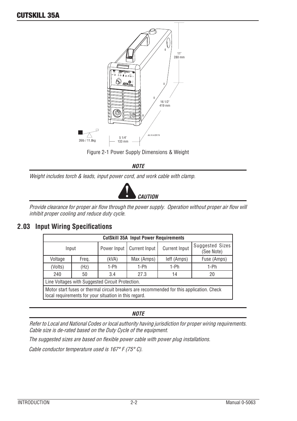 03 input wiring specifications, Input wiring specifications -2, Cutskill 35a | Tweco 35A CutSkill Power Supply User Manual | Page 12 / 40