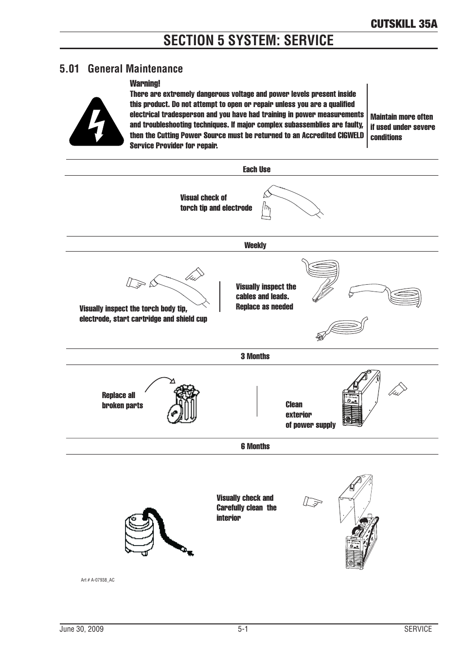 Section 5 system: service, 01 general maintenance, Section 5 system: service -1 | General maintenance -1, Cutskill 35a | Tweco 35A CutSkill Power Supply User Manual | Page 29 / 40