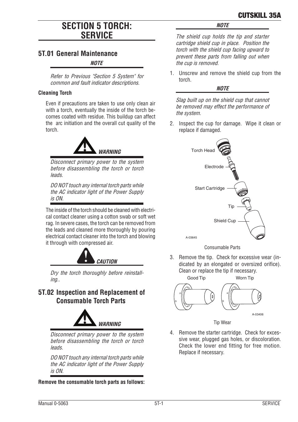 Section 5 torch:service, 5t.01 general maintenance, Section 5 torch:service t-1 | 5t.01, General maintenance t-1, 5t.02, Cutskill 35a | Tweco 35A CutSkill Power Supply User Manual | Page 33 / 40