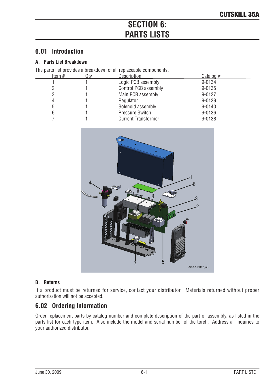 Section 6:parts lists, 01 introduction, 02 ordering information | Section 6:parts lists -1, Introduction -1, Ordering information -1, Cutskill 35a | Tweco 35A CutSkill Power Supply User Manual | Page 35 / 40