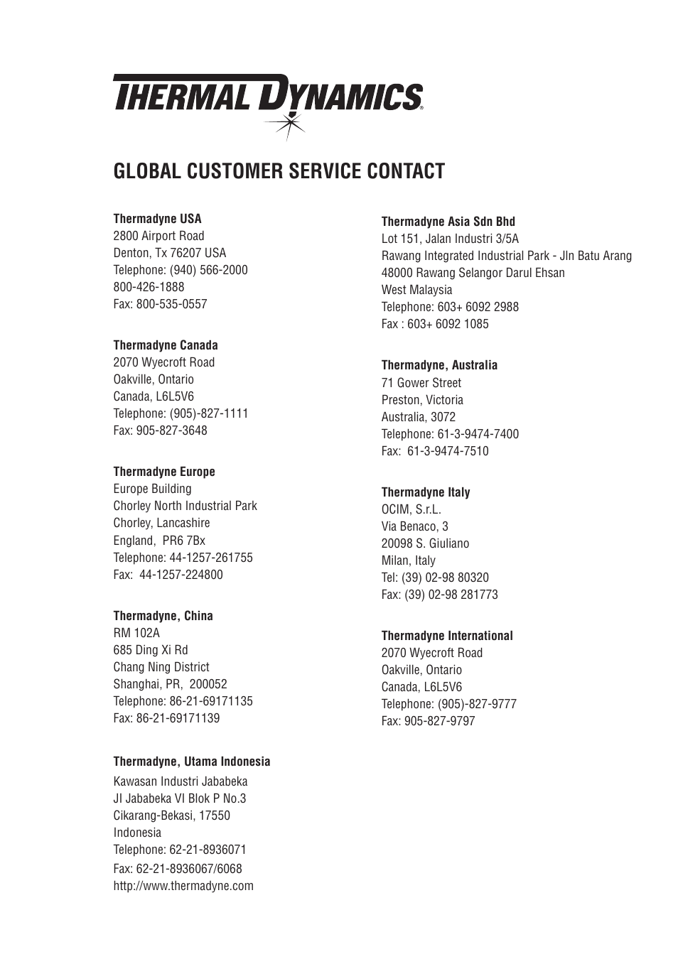 Global customer service contact information, Global customer service contact | Tweco 35A CutSkill Power Supply User Manual | Page 39 / 40