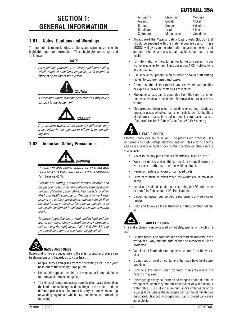 Section 1:general information, 01 notes, cautions and warnings, 02 important safety precautions | Section 1:general information -1, Notes, cautions and warnings -1, Important safety precautions -1, Cutskill 35a | Tweco 35A CutSkill Power Supply User Manual | Page 5 / 40