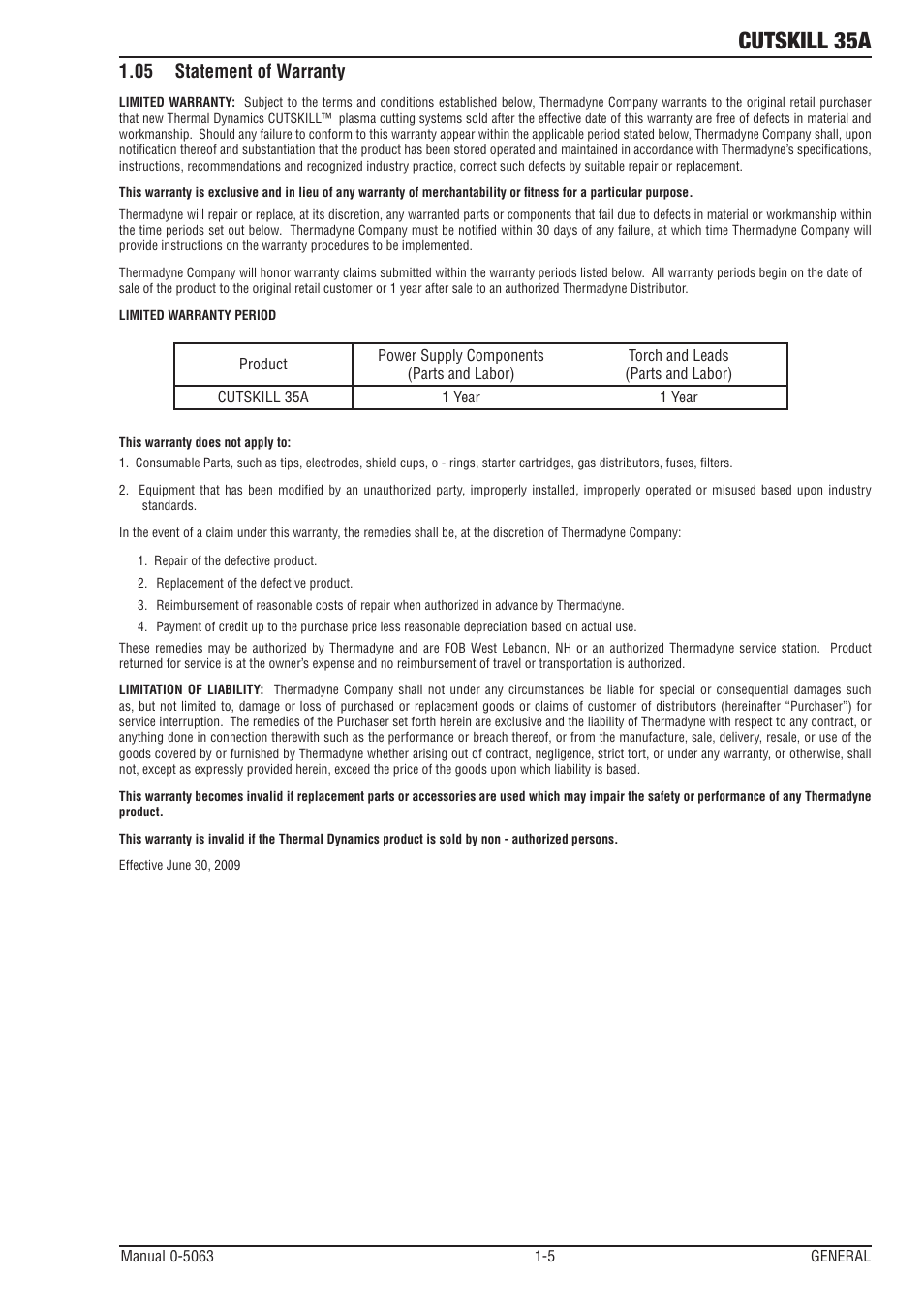 05 statement of warranty, Statement of warranty -5, Cutskill 35a | Tweco 35A CutSkill Power Supply User Manual | Page 9 / 40