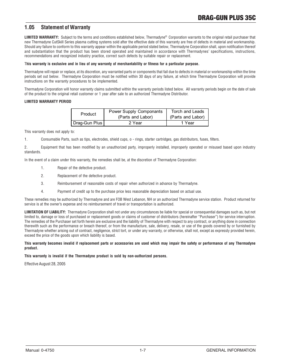 05 statement of warranty, 05 statement of warranty -7, Drag-gun plus 35c | Tweco 35C Drag-Gun Plus User Manual | Page 12 / 28