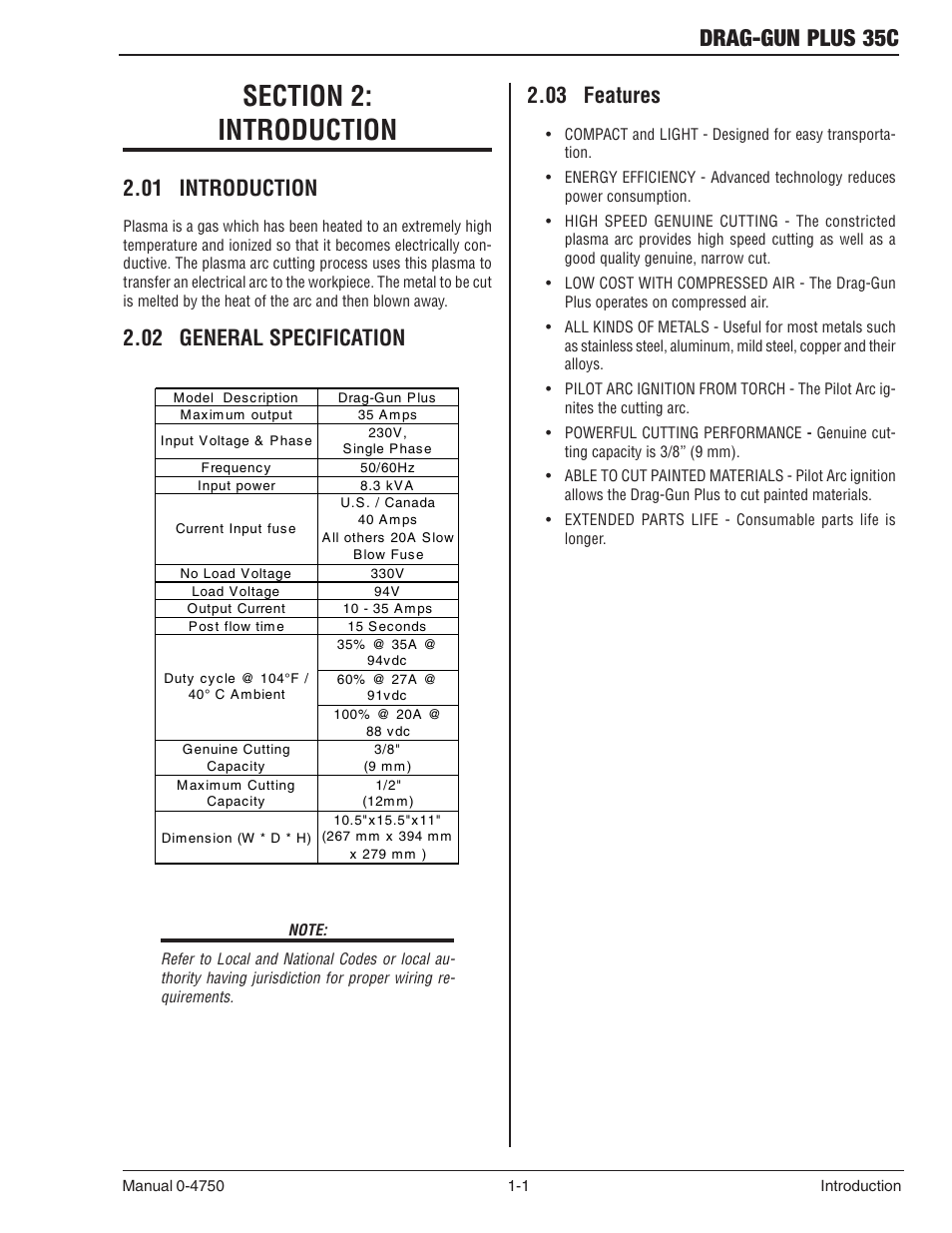 Section 2: introduction, 01 introduction, 02 general specification | 03 features, Section 2, Introduction -1, Drag-gun plus 35c | Tweco 35C Drag-Gun Plus User Manual | Page 14 / 28