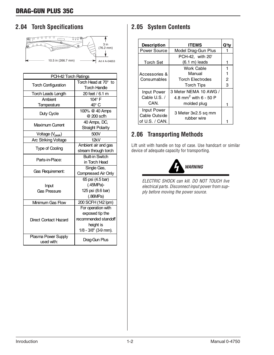 04 torch specifications, 05 system contents, 06 transporting methods | Drag-gun plus 35c | Tweco 35C Drag-Gun Plus User Manual | Page 15 / 28
