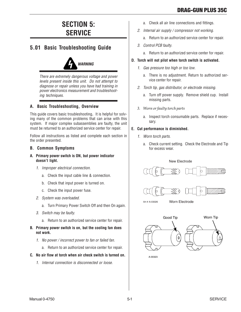 Section 5: service, 01 basic troubleshooting guide, Section 5 | Service -1, 01 basic troubleshooting guide -1, Drag-gun plus 35c | Tweco 35C Drag-Gun Plus User Manual | Page 21 / 28
