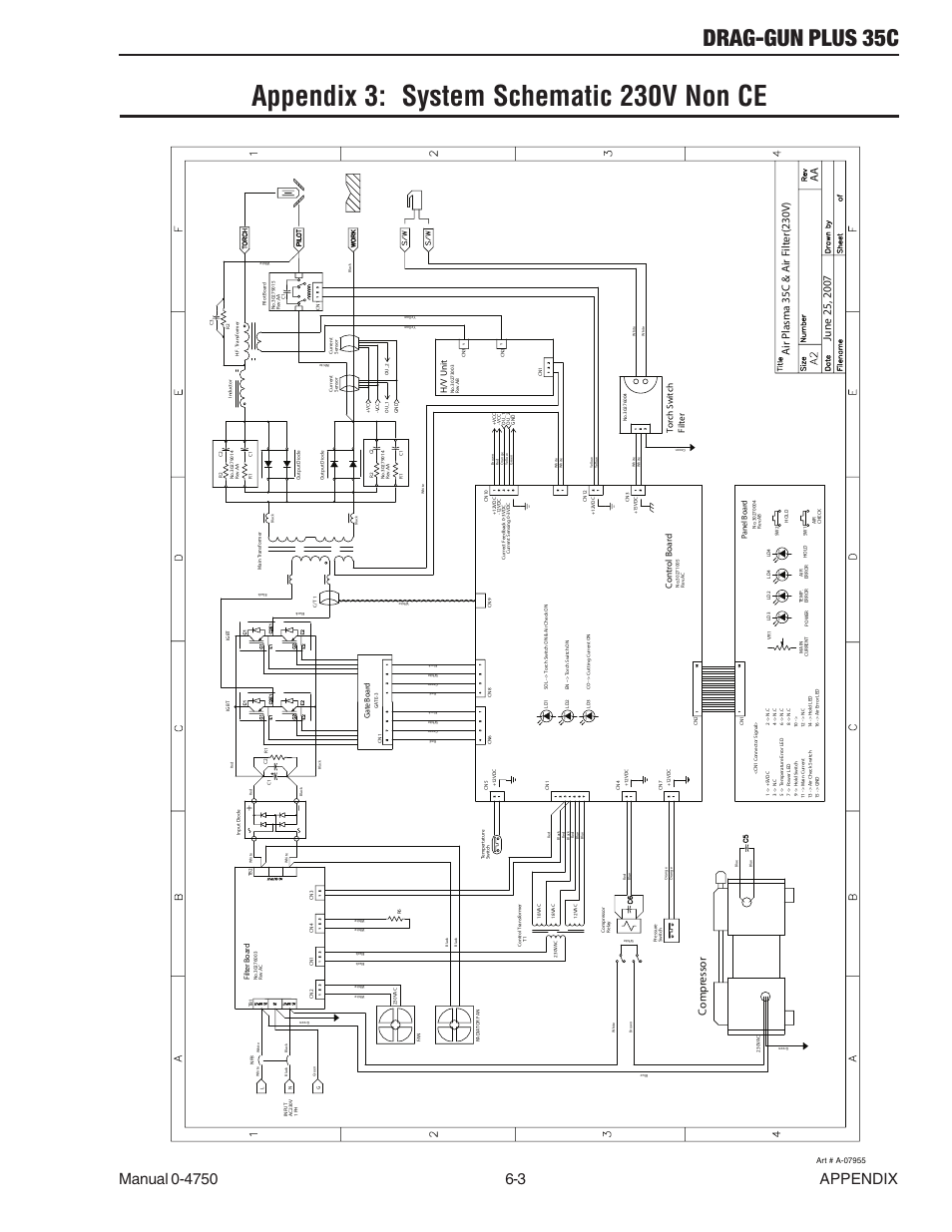 Appendix 3: system schematic 230v non ce, Appendix 3: system schematic 230v non ce -3, Drag-gun plus 35c | Control board, Torch switch filter, H/v unit, Gate board, Panel board, Filter board | Tweco 35C Drag-Gun Plus User Manual | Page 25 / 28