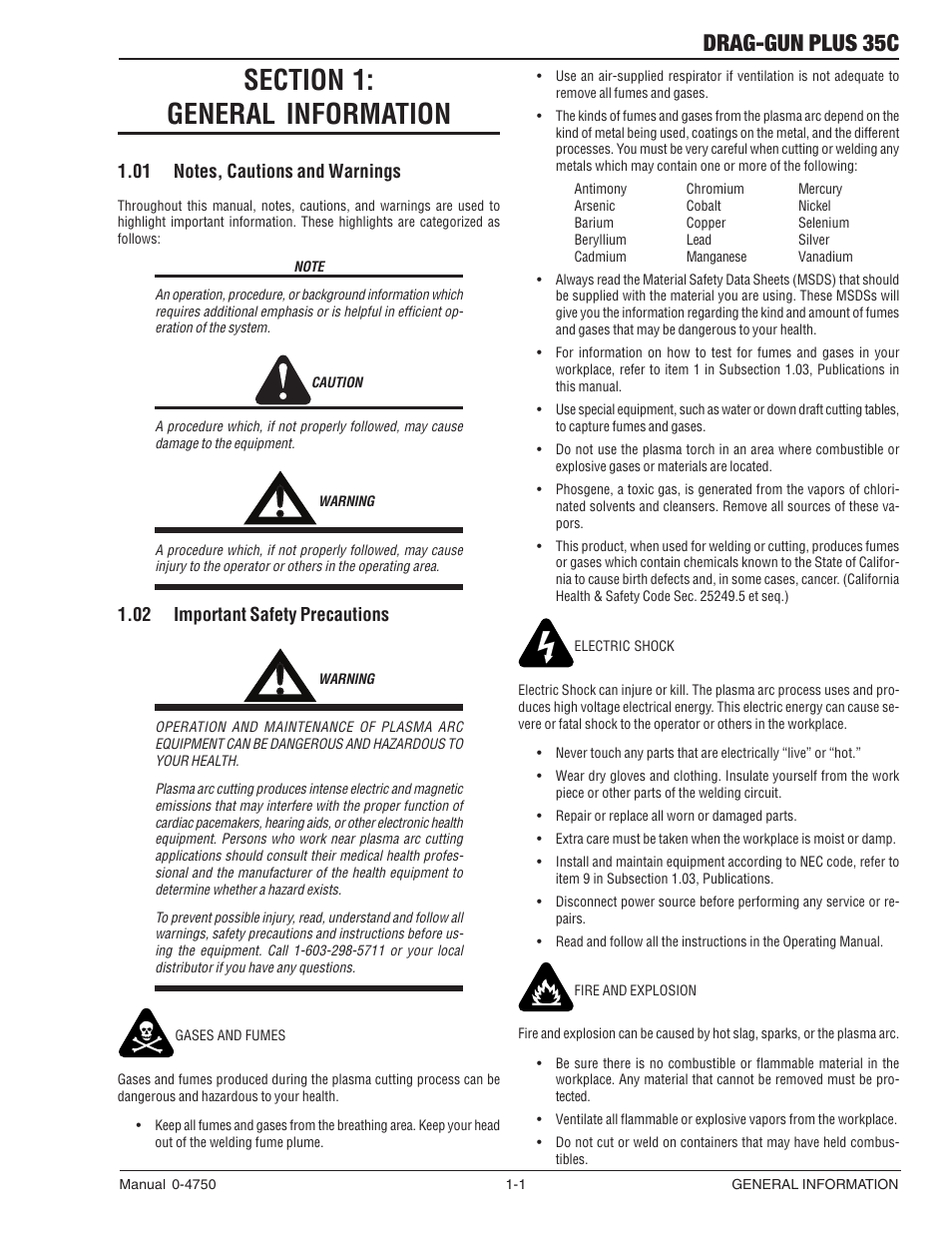 Section 1: general information, 01 notes, cautions and warnings, 02 important safety precautions | Section 1, General information -1, Drag-gun plus 35c | Tweco 35C Drag-Gun Plus User Manual | Page 6 / 28