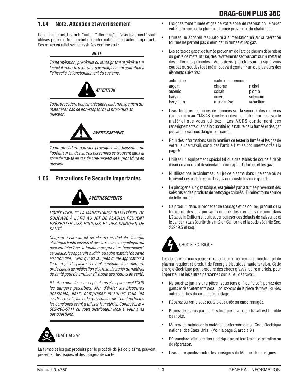 04 note, attention et avertissement, 05 precautions de securite importantes, Drag-gun plus 35c | Tweco 35C Drag-Gun Plus User Manual | Page 8 / 28