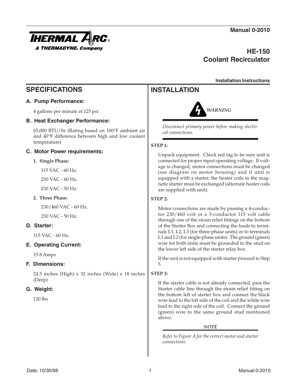 Tweco HE-150 Coolant Recirculator User Manual | 4 pages