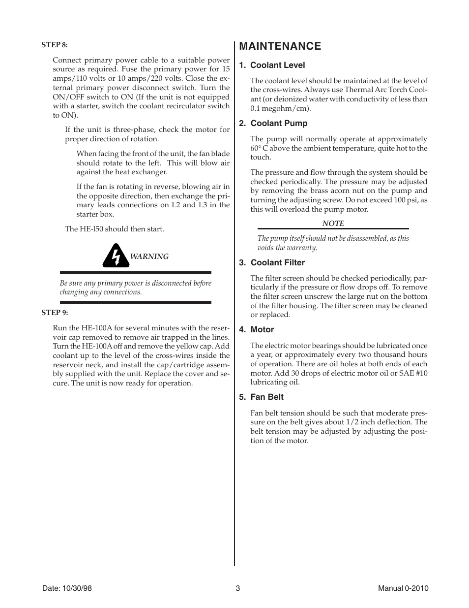 Maintenance | Tweco HE-150 Coolant Recirculator User Manual | Page 3 / 4