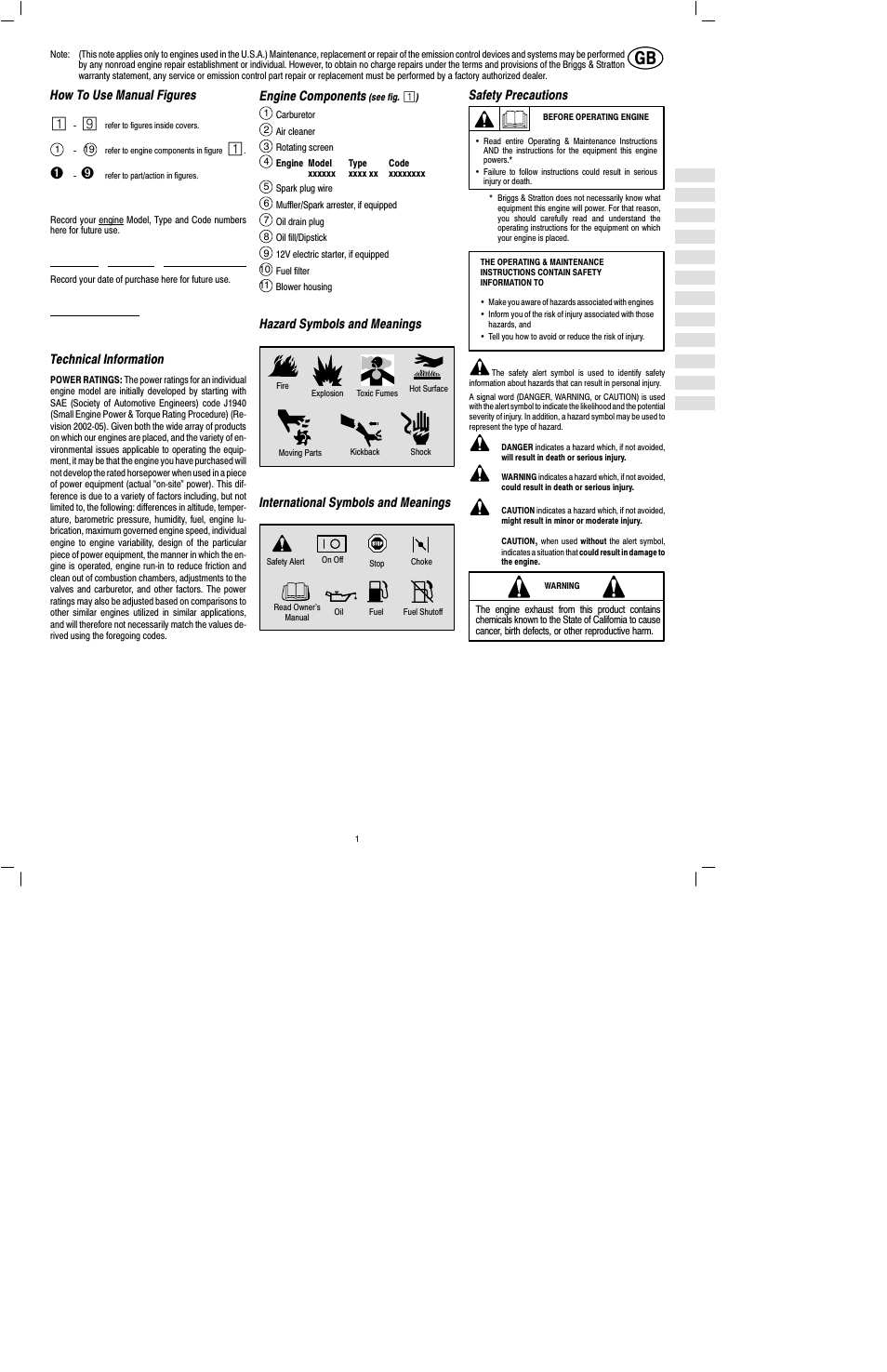 How to use manual figures, Technical information, Engine components | Hazard symbols and meanings, International symbols and meanings, Safety precautions | Briggs & Stratton 460000 User Manual | Page 3 / 11
