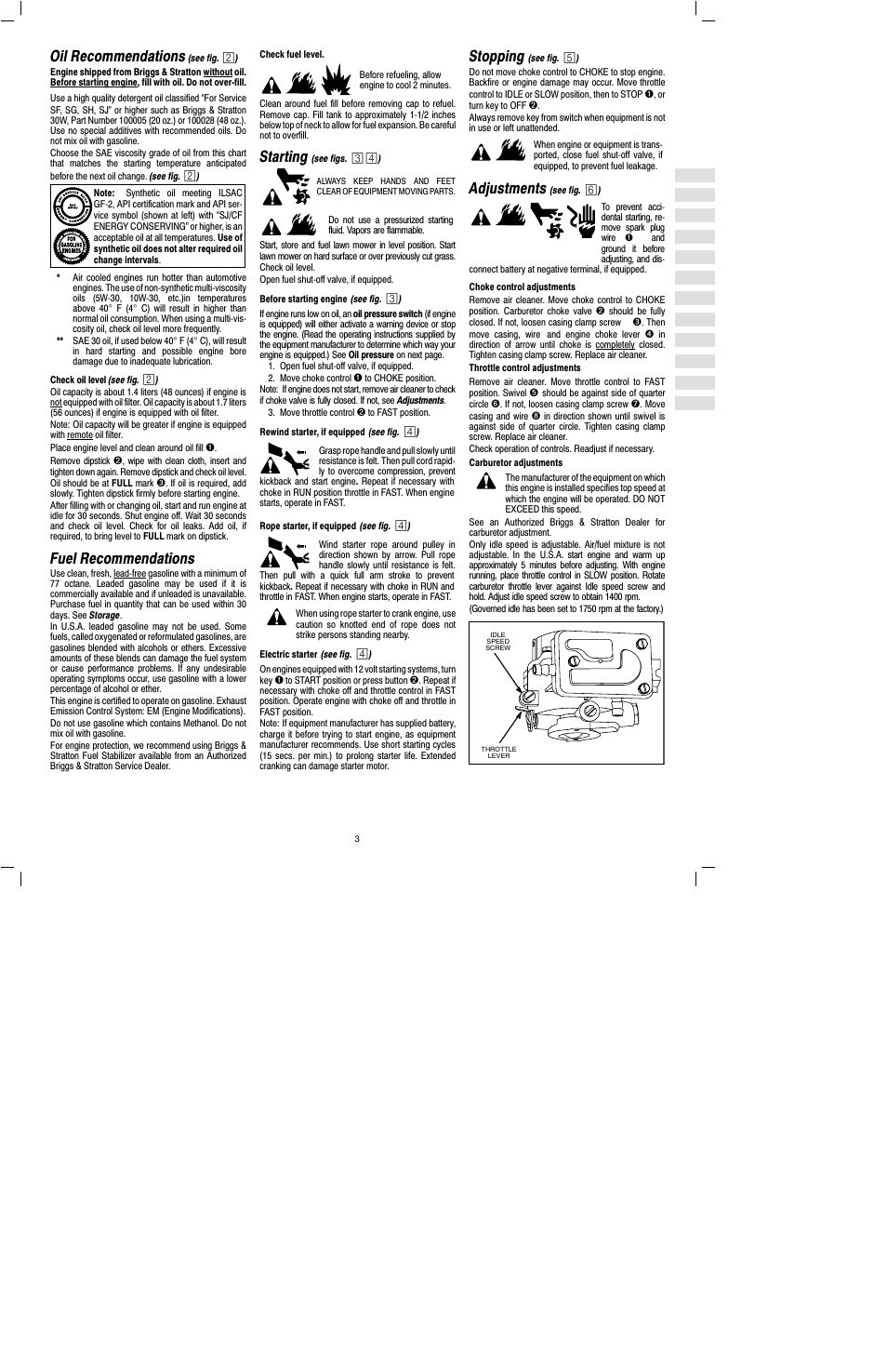 Oil recommendations, Fuel recommendations, Starting | Stopping, Adjustments | Briggs & Stratton 460000 User Manual | Page 5 / 11