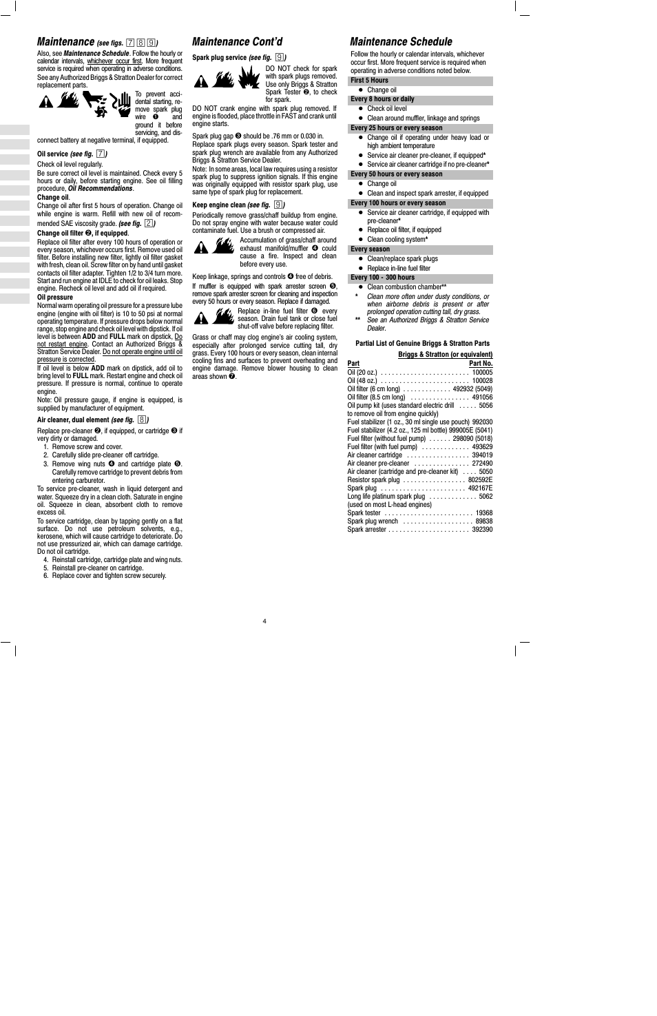 Maintenance, Maintenance cont’d, Maintenance schedule | Briggs & Stratton 460000 User Manual | Page 6 / 11