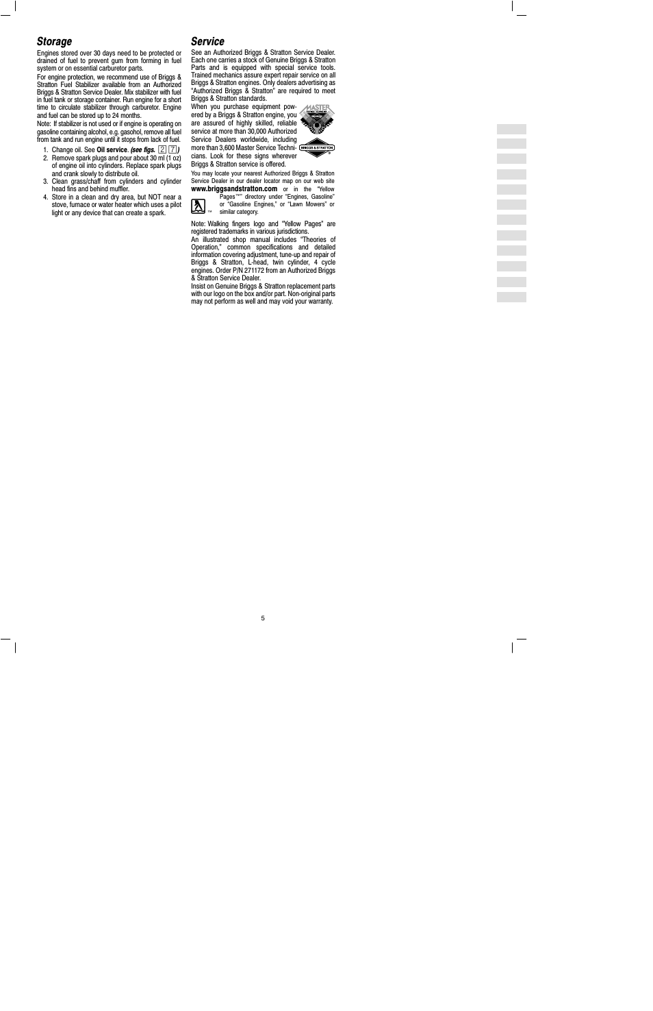 Storage, Service | Briggs & Stratton 460000 User Manual | Page 7 / 11
