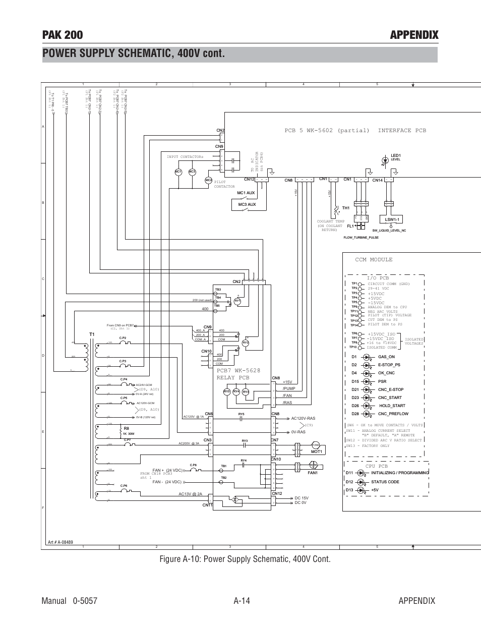 Power supply schematic, 400v cont, Pak 200 appendix, Ccm module | I/o pcb cpu pcb | Tweco Pak 200 User Manual | Page 104 / 112