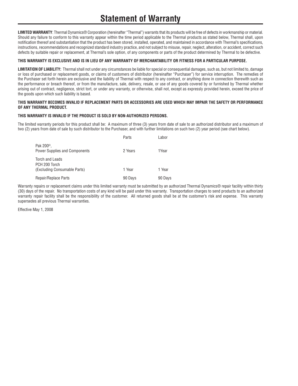 Statement of warranty | Tweco Pak 200 User Manual | Page 111 / 112