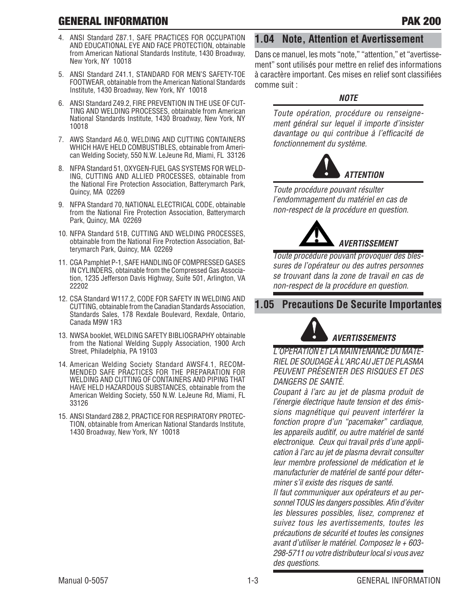 04 note, attention et avertissement, 05 precautions de securite importantes, General information pak 200 | Tweco Pak 200 User Manual | Page 13 / 112