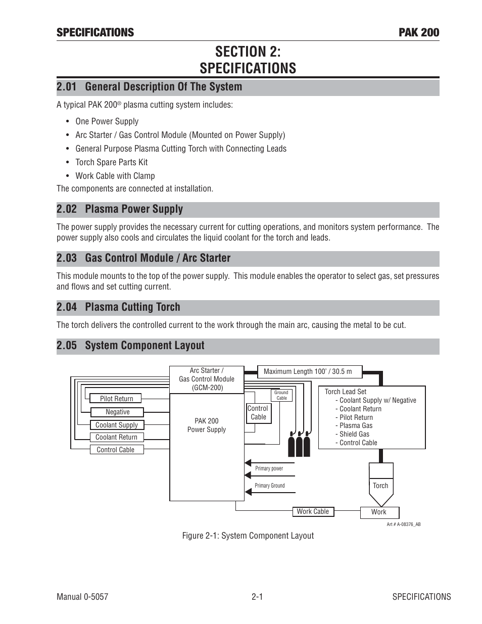 Section 2: specifications, 01 general description of the system, 02 plasma power supply | 03 gas control module / arc starter, 04 plasma cutting torch, 05 system component layout, Specifications pak 200 | Tweco Pak 200 User Manual | Page 19 / 112