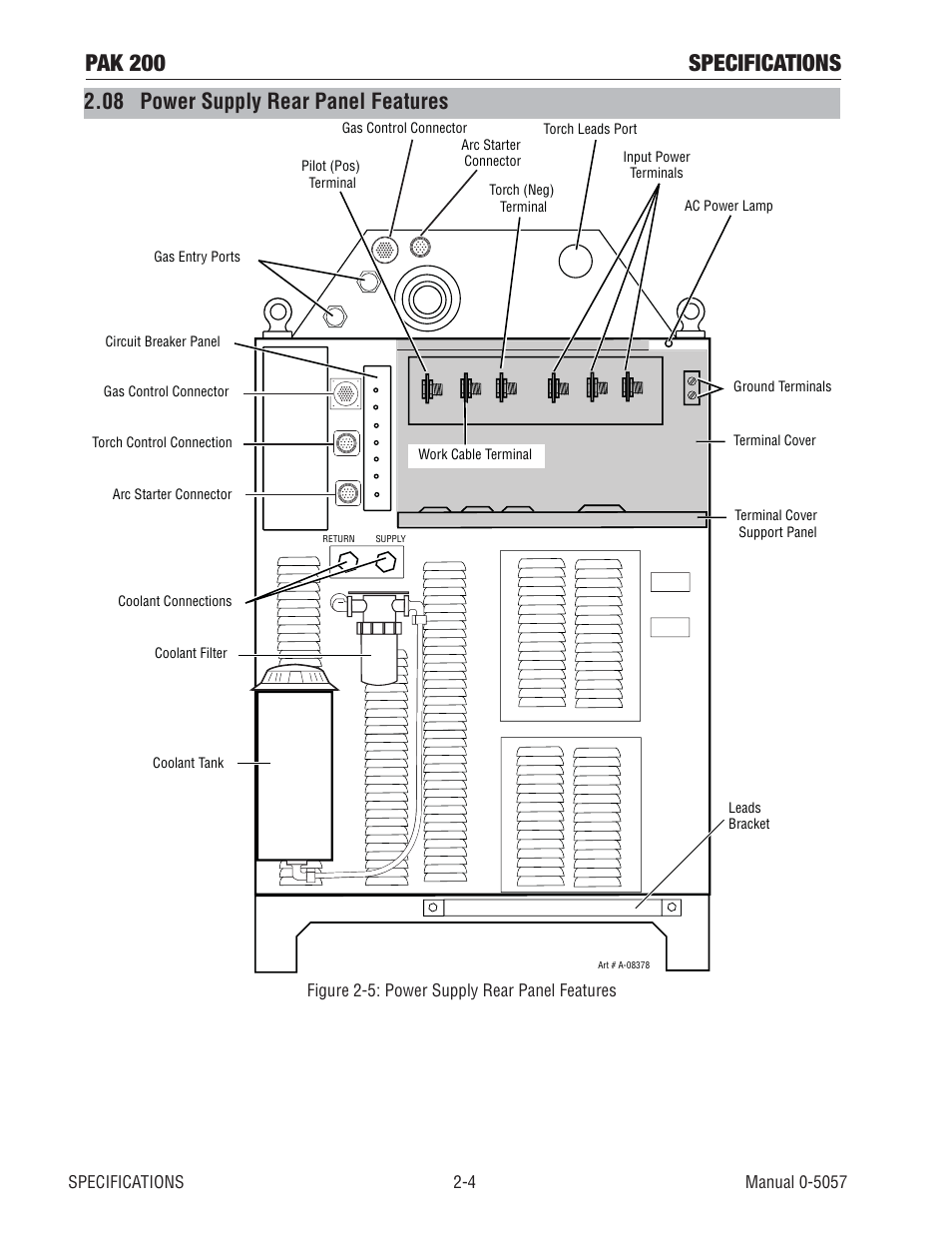 08 power supply rear panel features, Pak 200 specifications | Tweco Pak 200 User Manual | Page 22 / 112