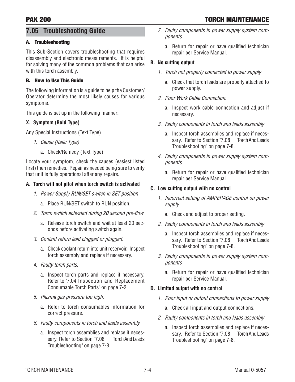 05 troubleshooting guide, Pak 200 torch maintenance | Tweco Pak 200 User Manual | Page 84 / 112