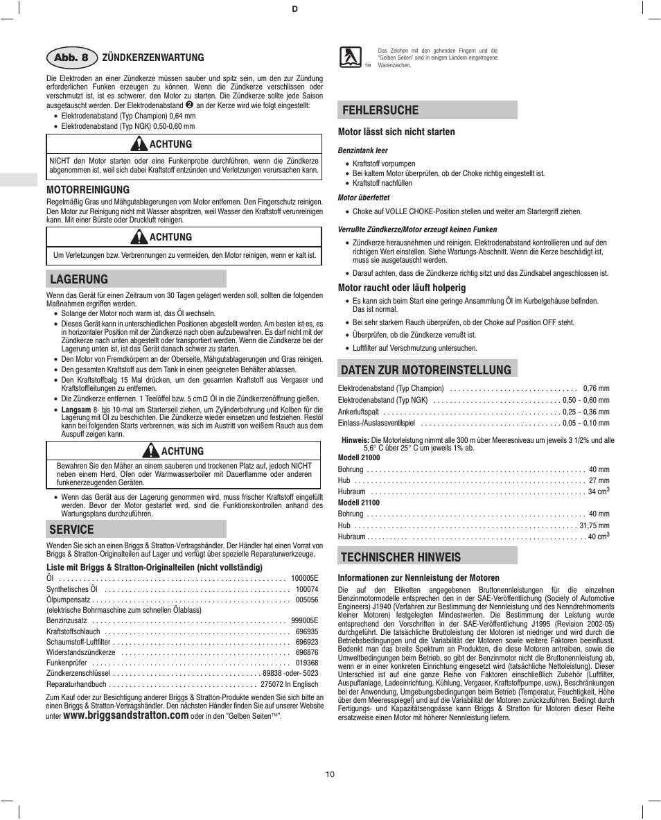 Lagerung, Service, Fehlersuche | Daten zur motoreinstellung, Technischer hinweis, Motorreinigung | Briggs & Stratton Fource 21100 User Manual | Page 12 / 76